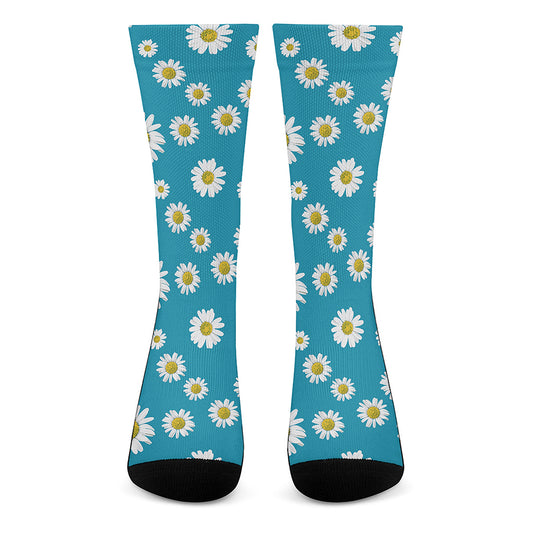 Blue Daisy Flower Pattern Print Crew Socks
