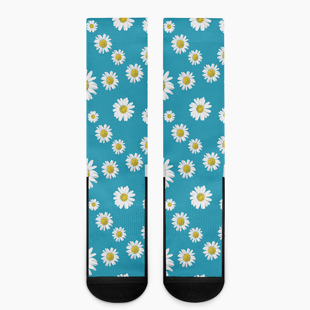 Blue Daisy Flower Pattern Print Crew Socks