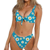 Blue Daisy Flower Pattern Print Front Bow Tie Bikini