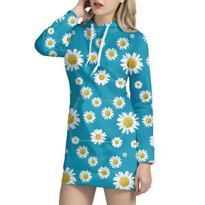 Blue Daisy Flower Pattern Print Hoodie Dress