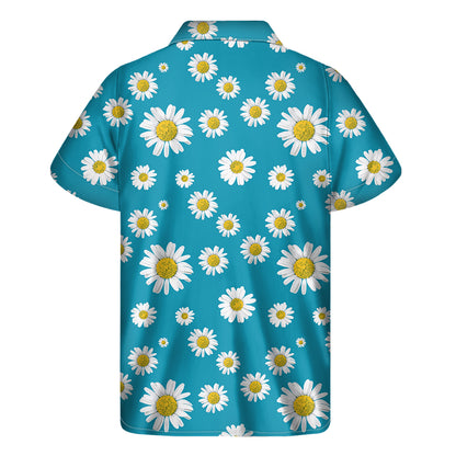 Blue Daisy Flower Pattern Print Men's Short Sleeve Shirt