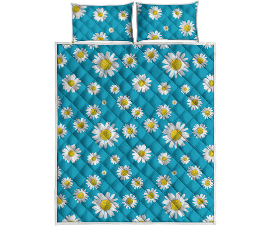 Blue Daisy Flower Pattern Print Quilt Bed Set