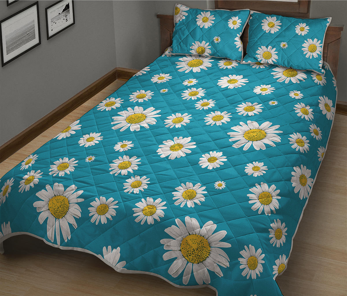 Blue Daisy Flower Pattern Print Quilt Bed Set