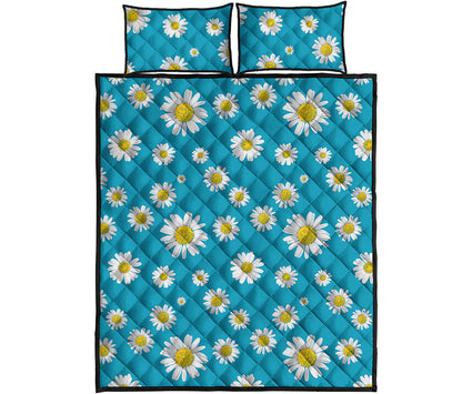 Blue Daisy Flower Pattern Print Quilt Bed Set