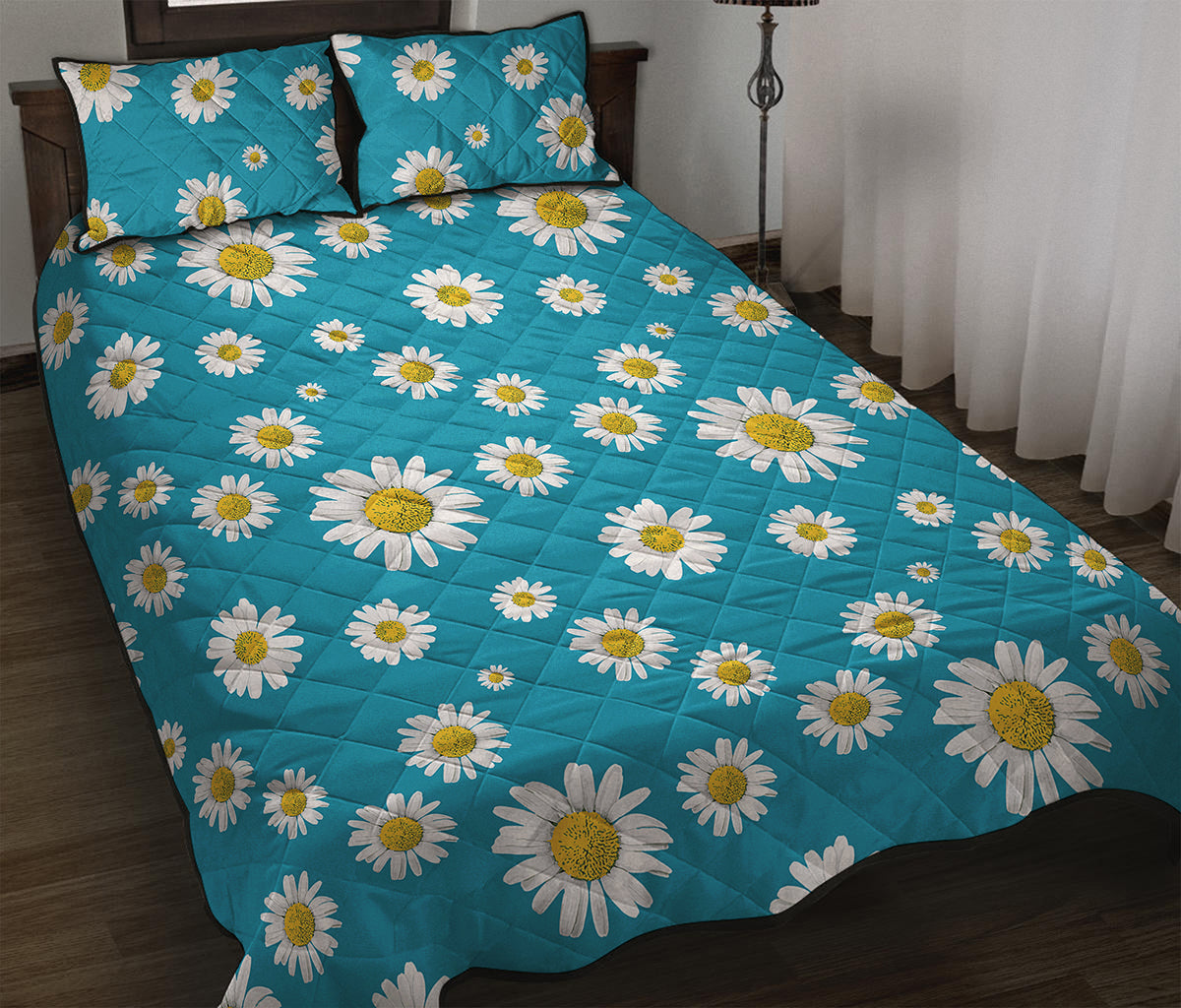Blue Daisy Flower Pattern Print Quilt Bed Set