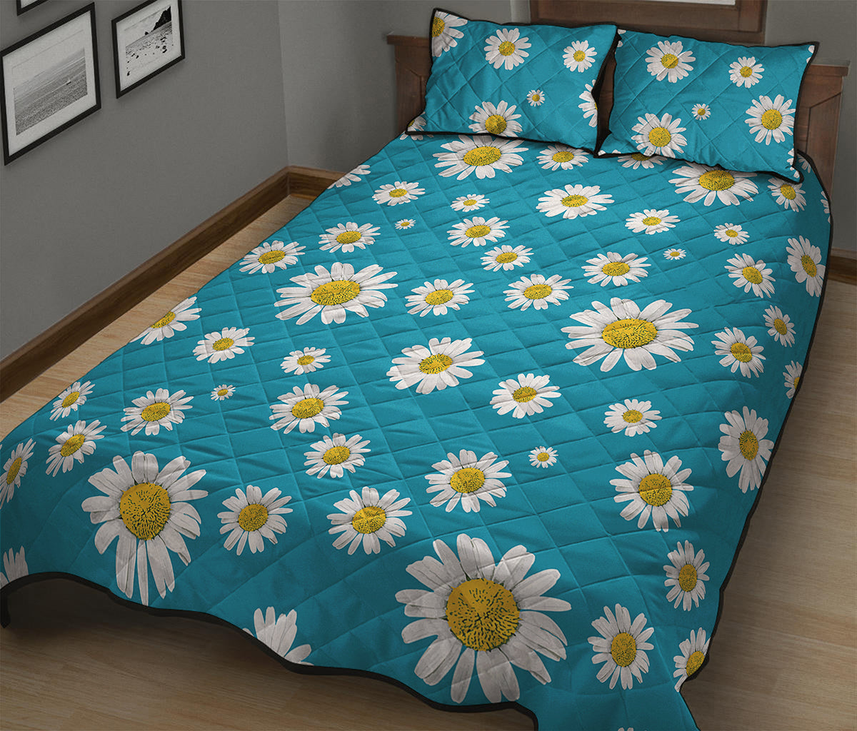 Blue Daisy Flower Pattern Print Quilt Bed Set