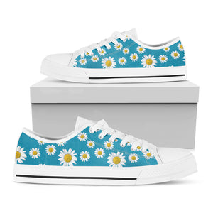 Blue Daisy Flower Pattern Print White Low Top Shoes