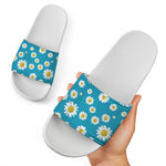 Blue Daisy Flower Pattern Print White Slide Sandals