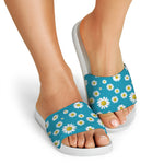 Blue Daisy Flower Pattern Print White Slide Sandals