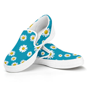 Blue Daisy Flower Pattern Print White Slip On Shoes