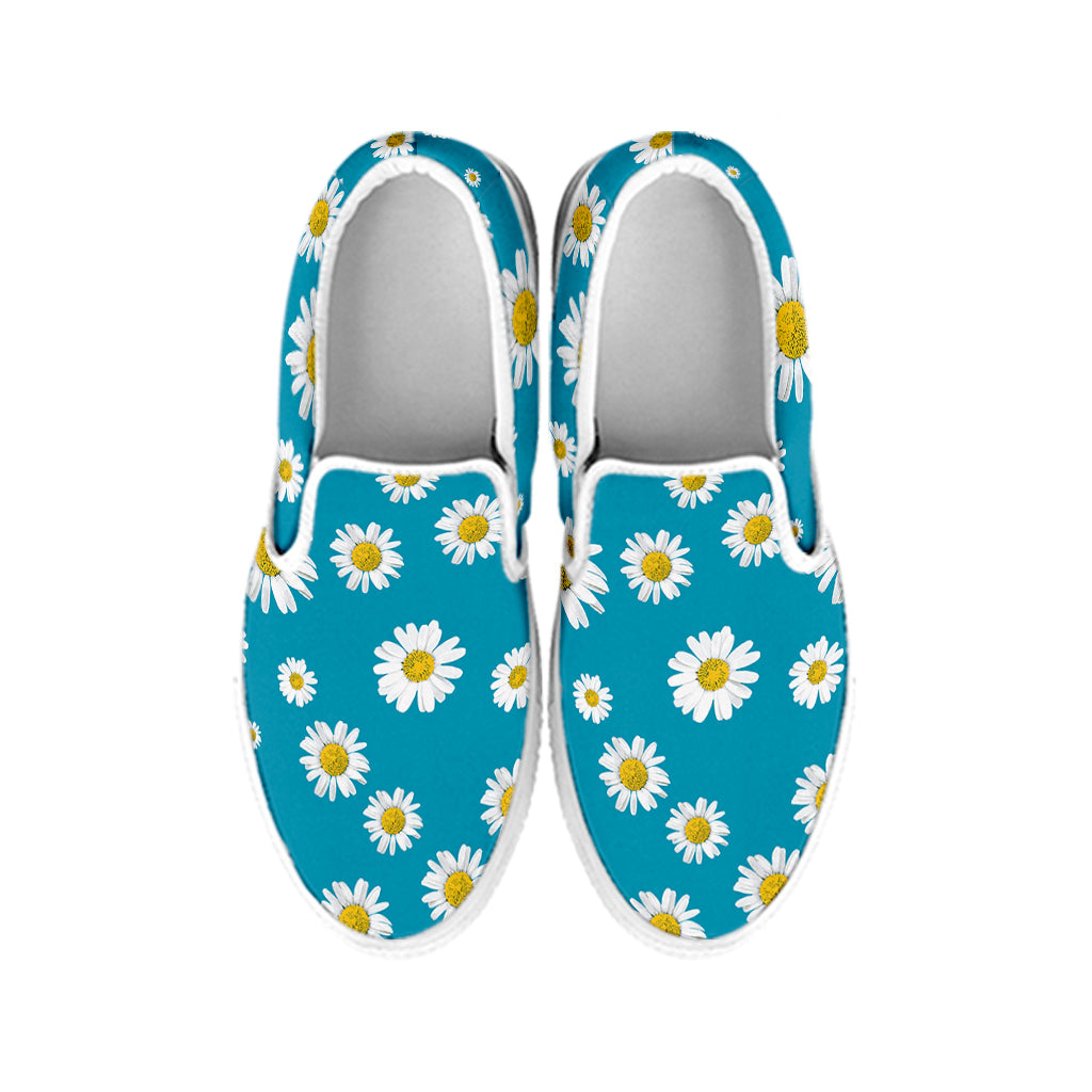 Blue Daisy Flower Pattern Print White Slip On Shoes