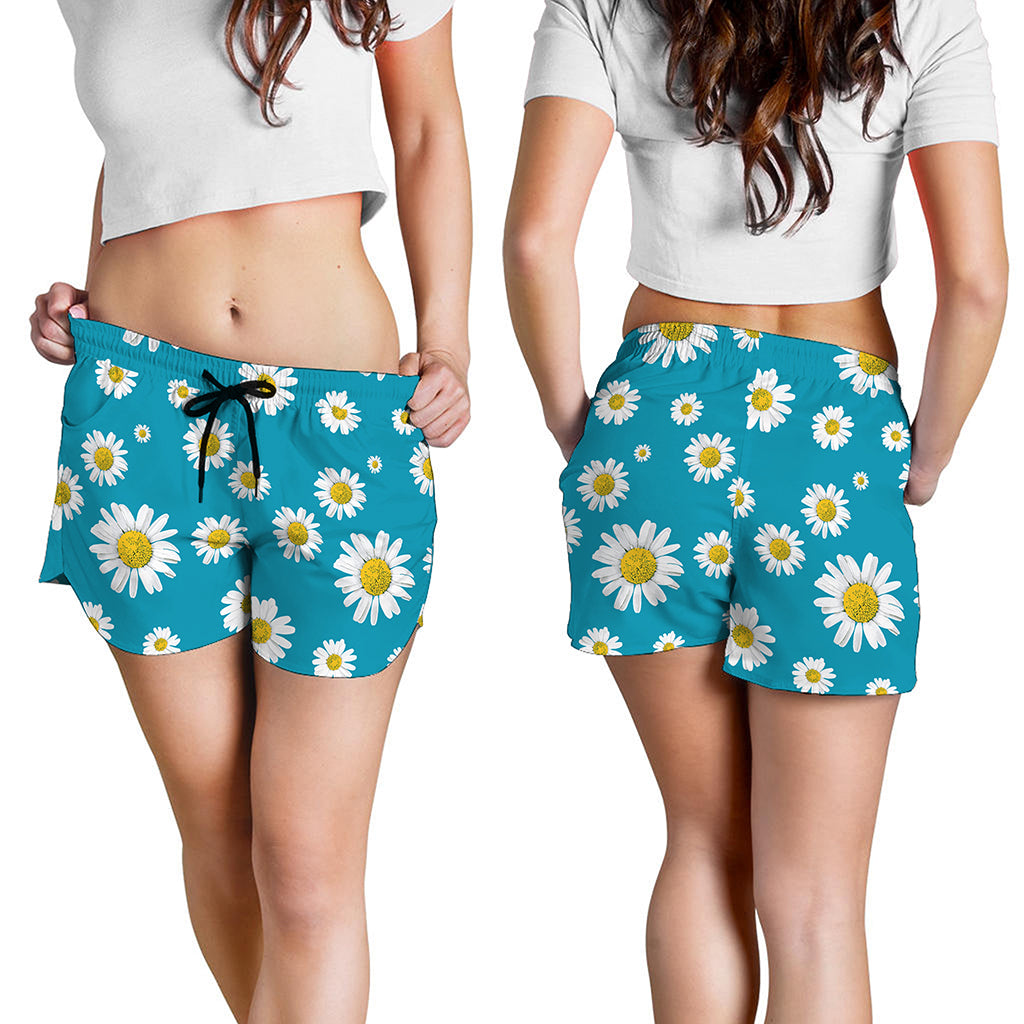 Blue Daisy Flower Pattern Print Women's Shorts