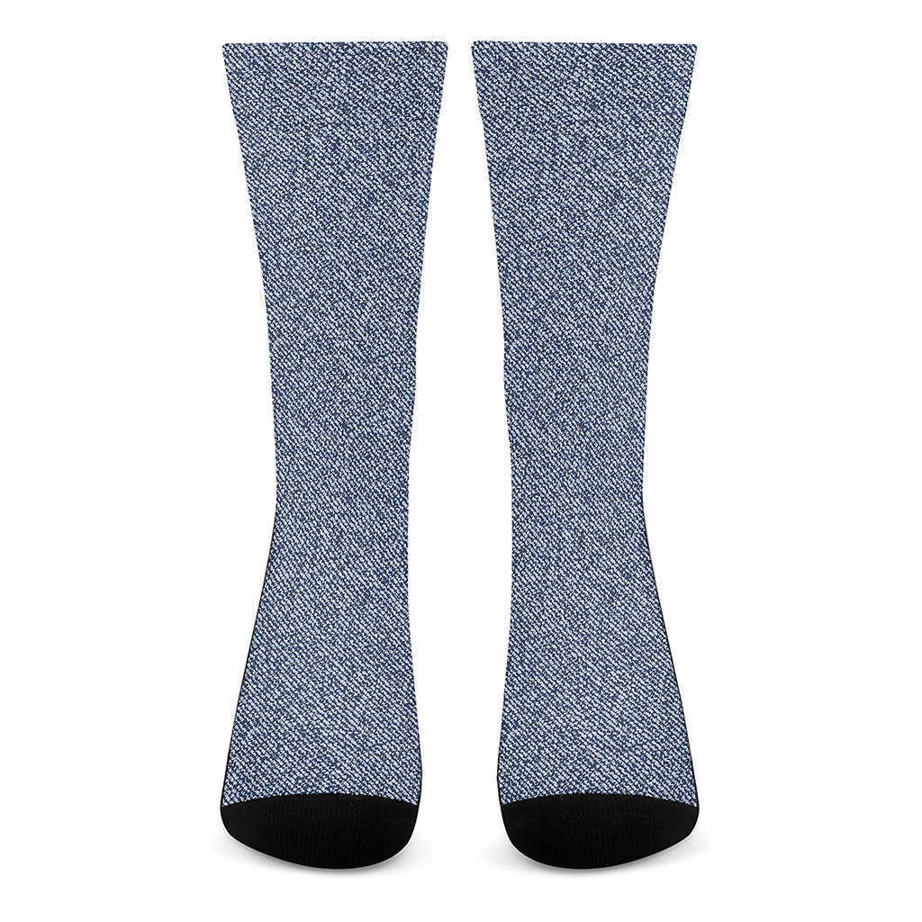 Blue Denim Jeans Pattern Print Crew Socks