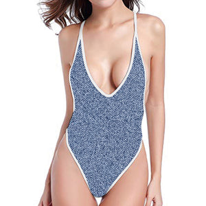 Blue Denim Jeans Pattern Print One Piece High Cut Swimsuit