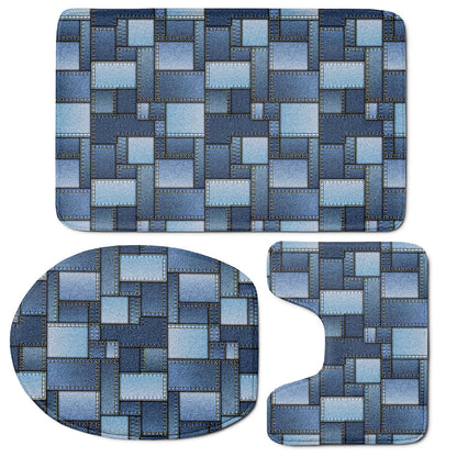 Blue Denim Patchwork Pattern Print 3 Piece Bath Mat Set