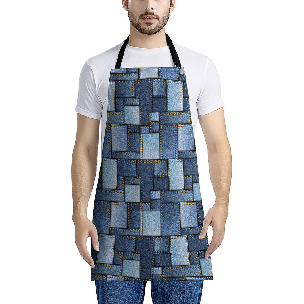 Blue Denim Patchwork Pattern Print Apron