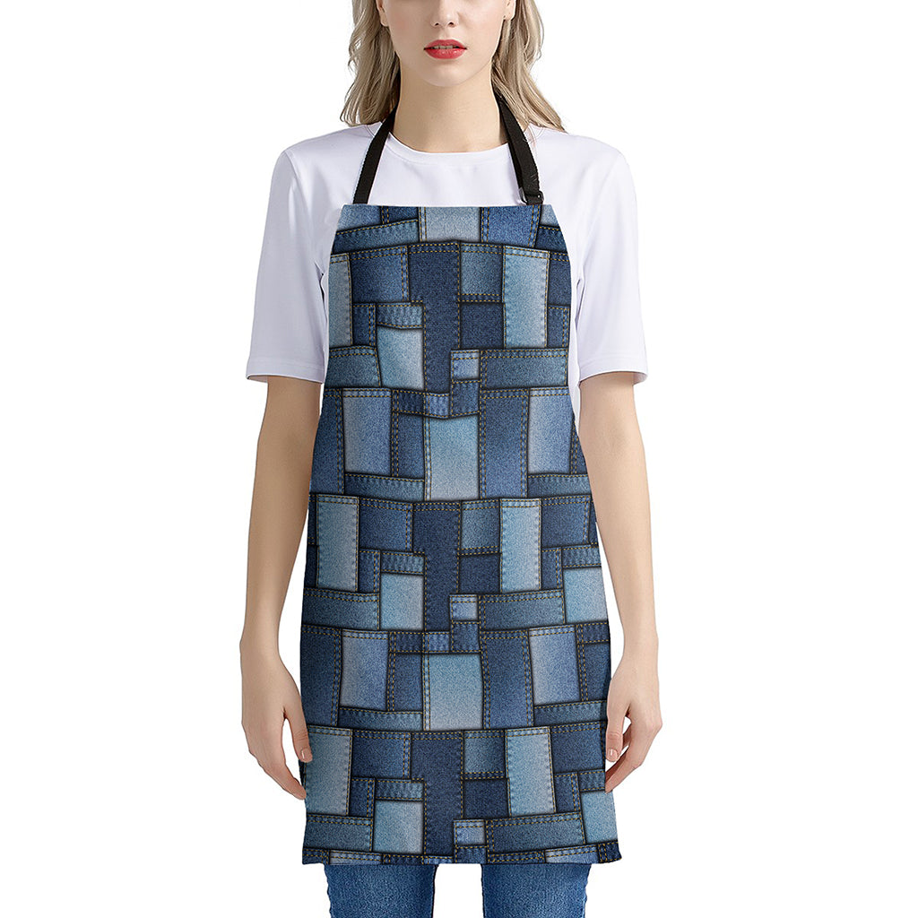 Blue Denim Patchwork Pattern Print Apron