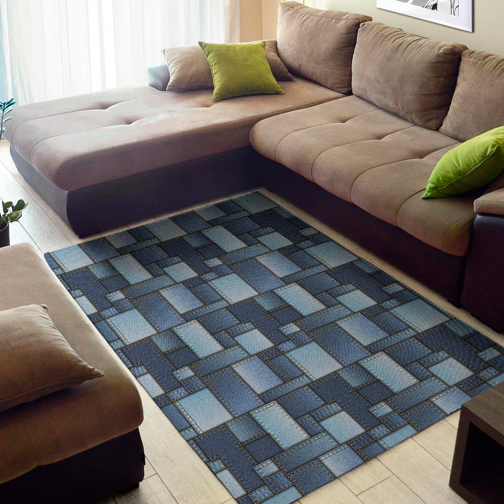 Blue Denim Patchwork Pattern Print Area Rug