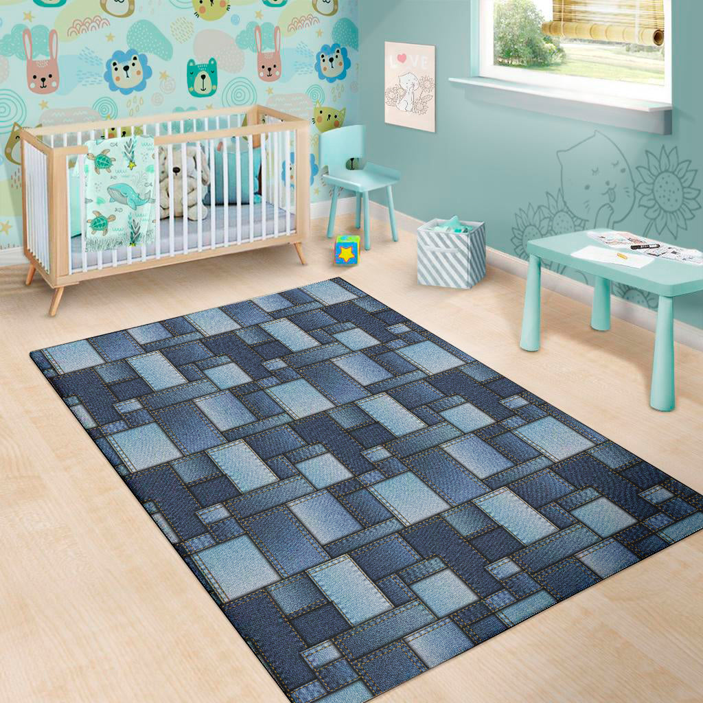 Blue Denim Patchwork Pattern Print Area Rug