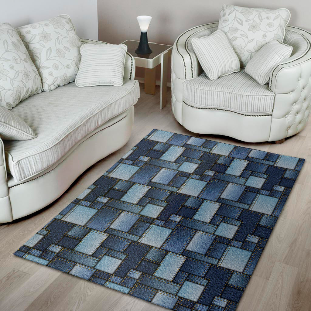 Blue Denim Patchwork Pattern Print Area Rug