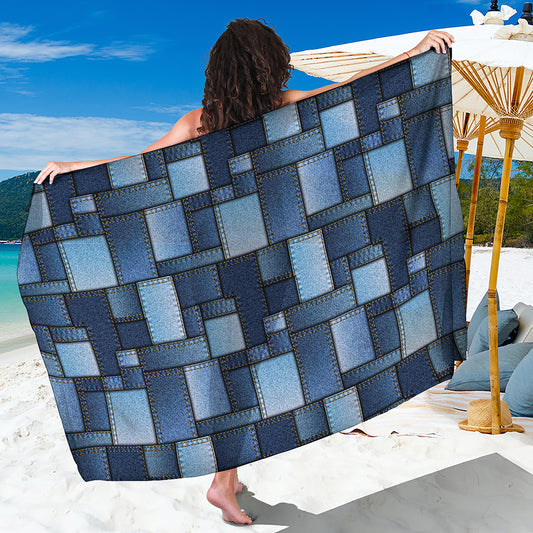 Blue Denim Patchwork Pattern Print Beach Sarong Wrap