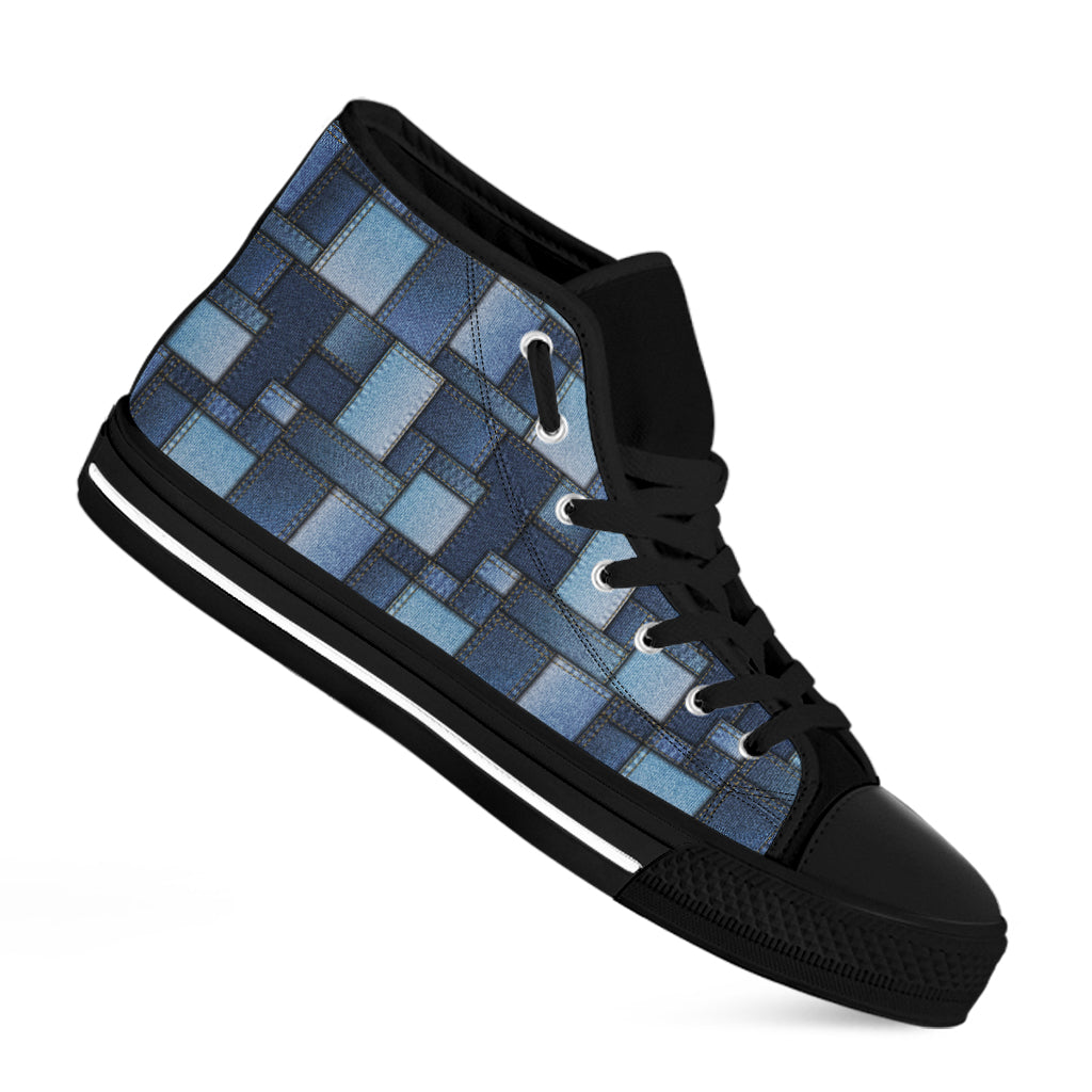 Blue Denim Patchwork Pattern Print Black High Top Shoes