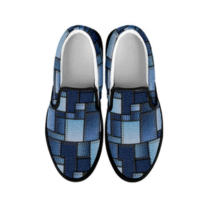 Blue Denim Patchwork Pattern Print Black Slip On Shoes