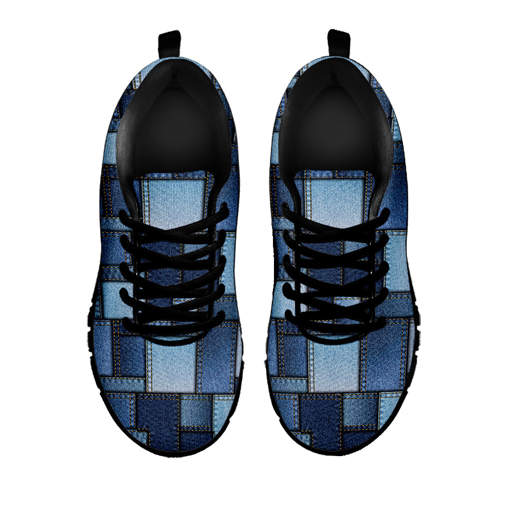 Blue Denim Patchwork Pattern Print Black Sneakers