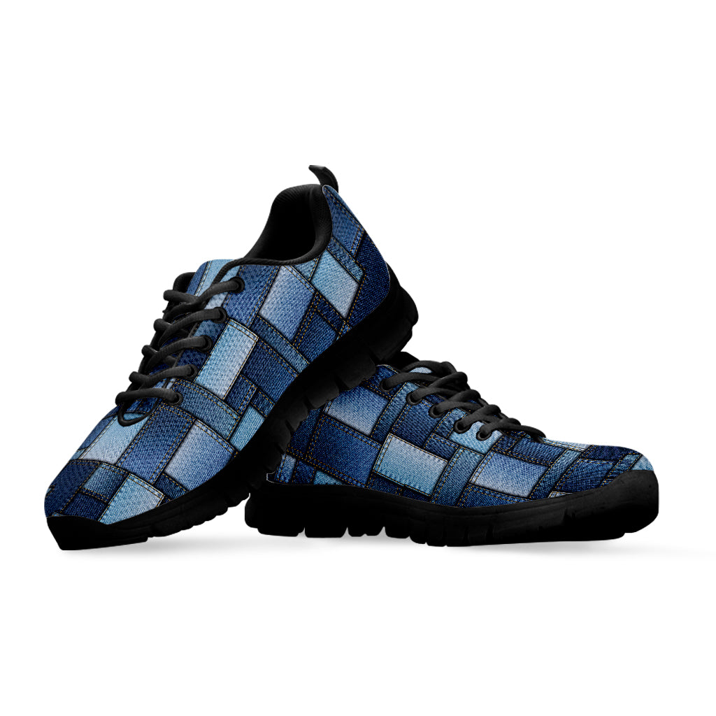 Blue Denim Patchwork Pattern Print Black Sneakers