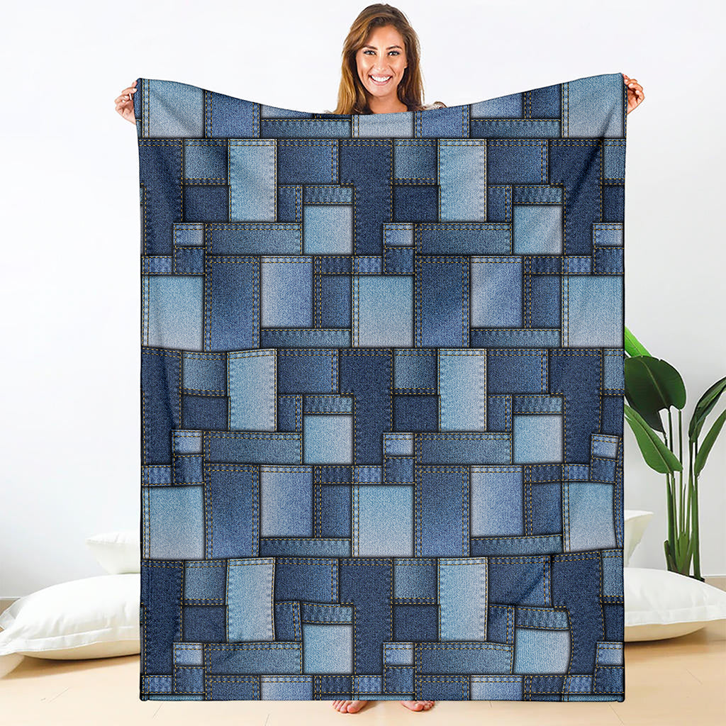 Blue Denim Patchwork Pattern Print Blanket