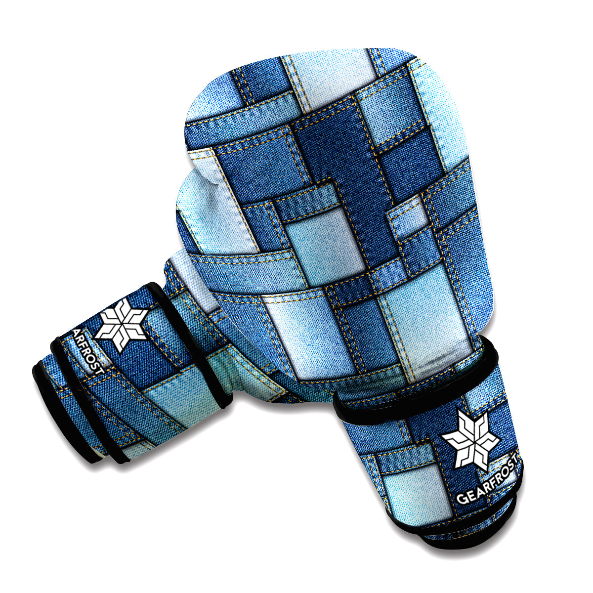 Blue Denim Patchwork Pattern Print Boxing Gloves