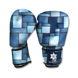 Blue Denim Patchwork Pattern Print Boxing Gloves