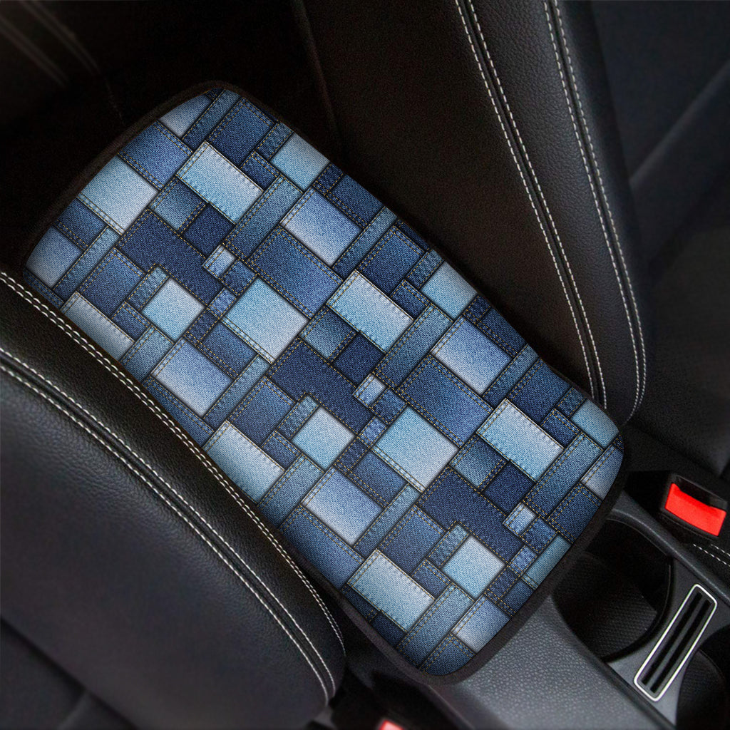 Blue Denim Patchwork Pattern Print Car Center Console Cover