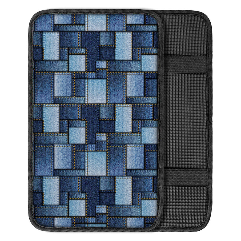 Blue Denim Patchwork Pattern Print Car Center Console Cover