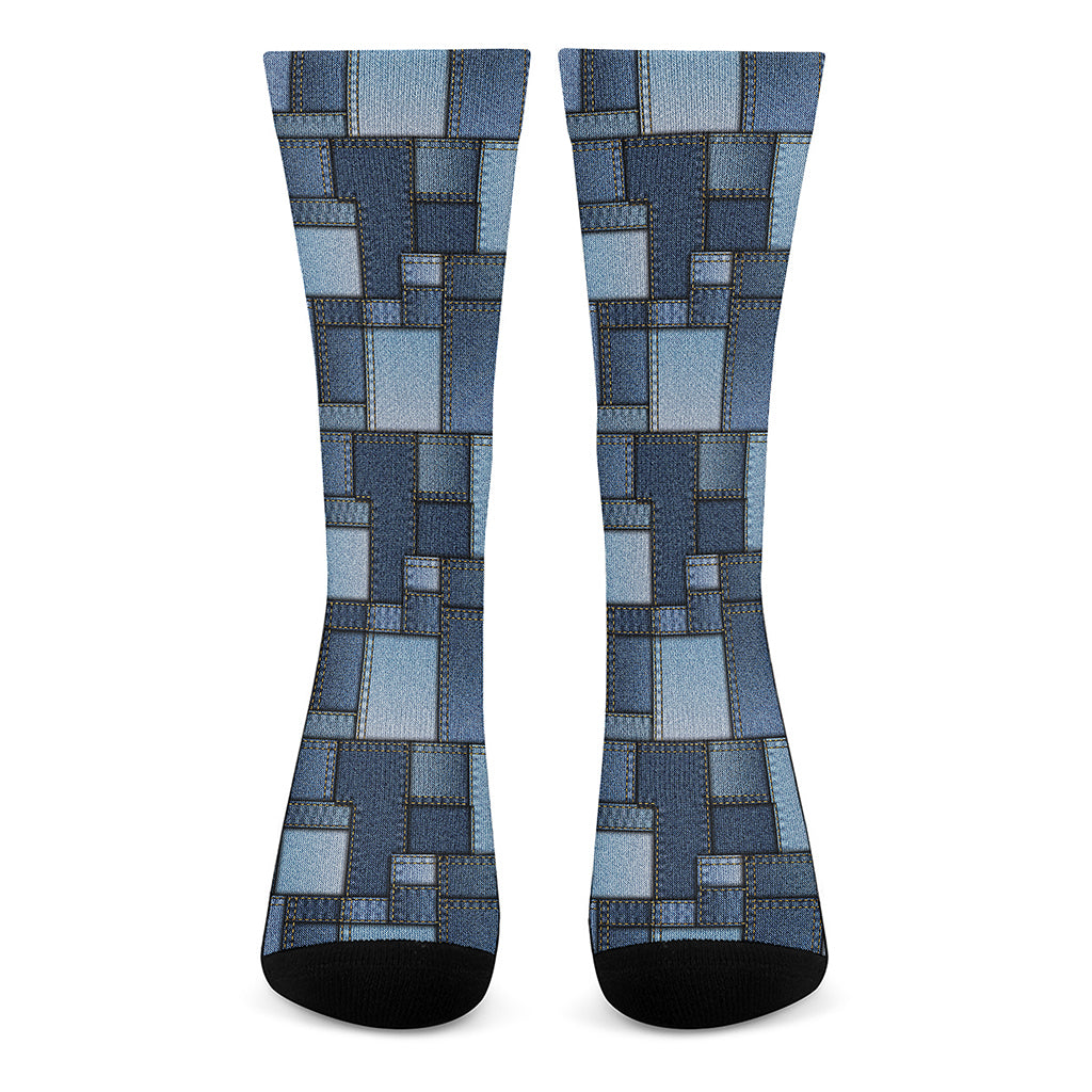 Blue Denim Patchwork Pattern Print Crew Socks
