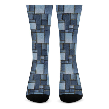 Blue Denim Patchwork Pattern Print Crew Socks