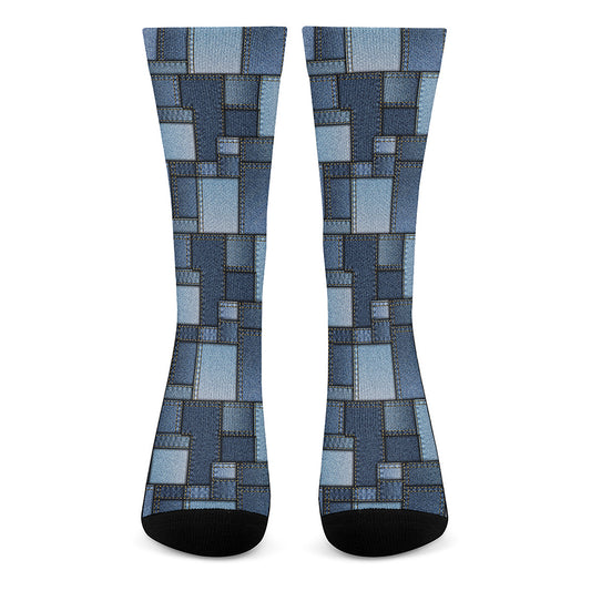 Blue Denim Patchwork Pattern Print Crew Socks