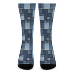 Blue Denim Patchwork Pattern Print Crew Socks