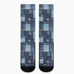 Blue Denim Patchwork Pattern Print Crew Socks