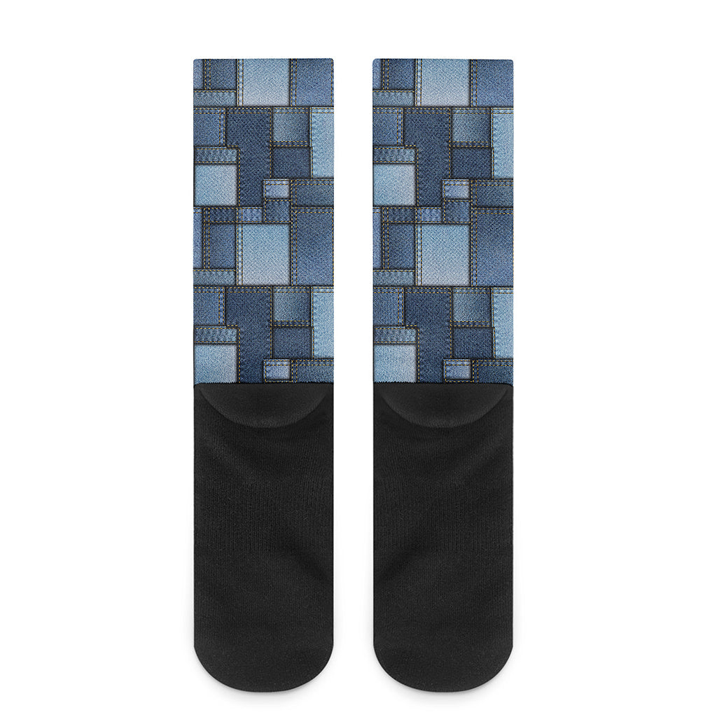 Blue Denim Patchwork Pattern Print Crew Socks