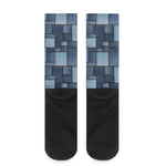 Blue Denim Patchwork Pattern Print Crew Socks