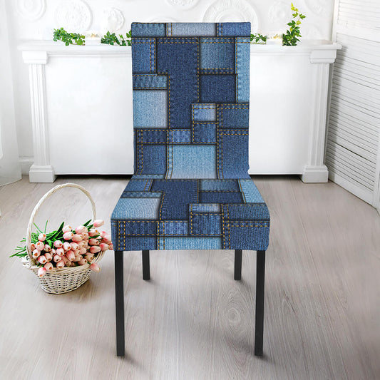 Blue Denim Patchwork Pattern Print Dining Chair Slipcover