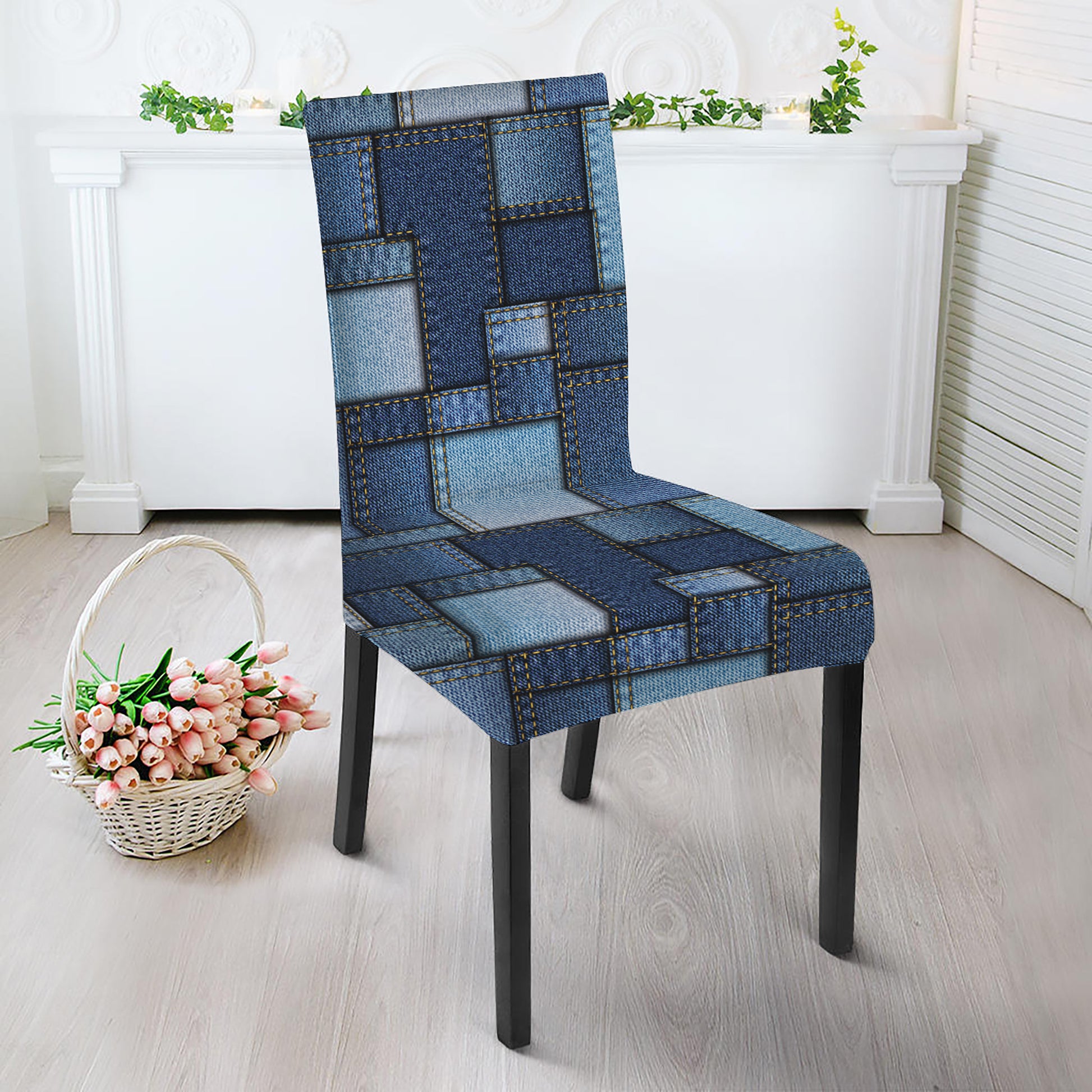 Blue Denim Patchwork Pattern Print Dining Chair Slipcover