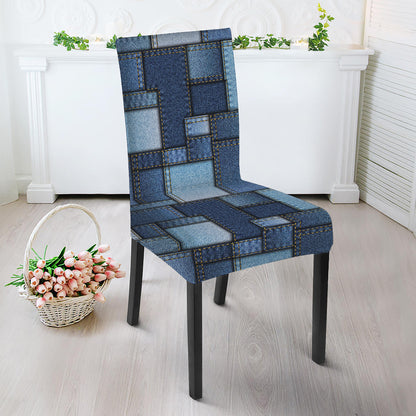 Blue Denim Patchwork Pattern Print Dining Chair Slipcover