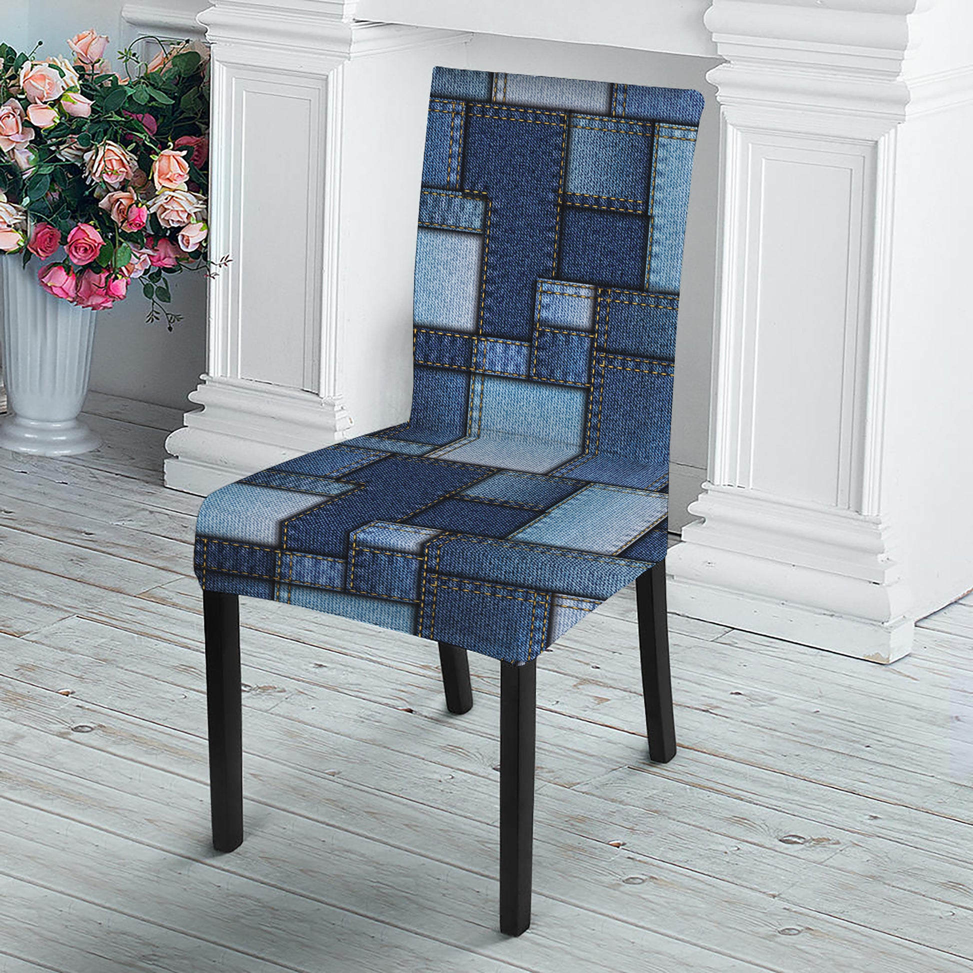 Blue Denim Patchwork Pattern Print Dining Chair Slipcover
