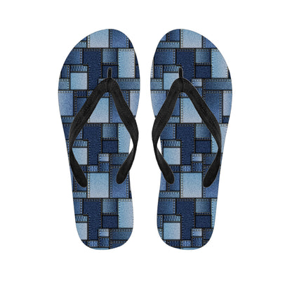 Blue Denim Patchwork Pattern Print Flip Flops