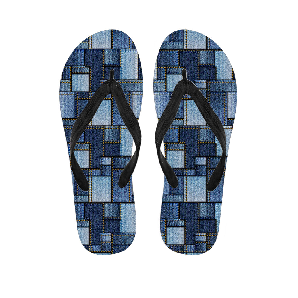 Blue Denim Patchwork Pattern Print Flip Flops