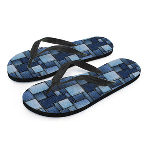 Blue Denim Patchwork Pattern Print Flip Flops