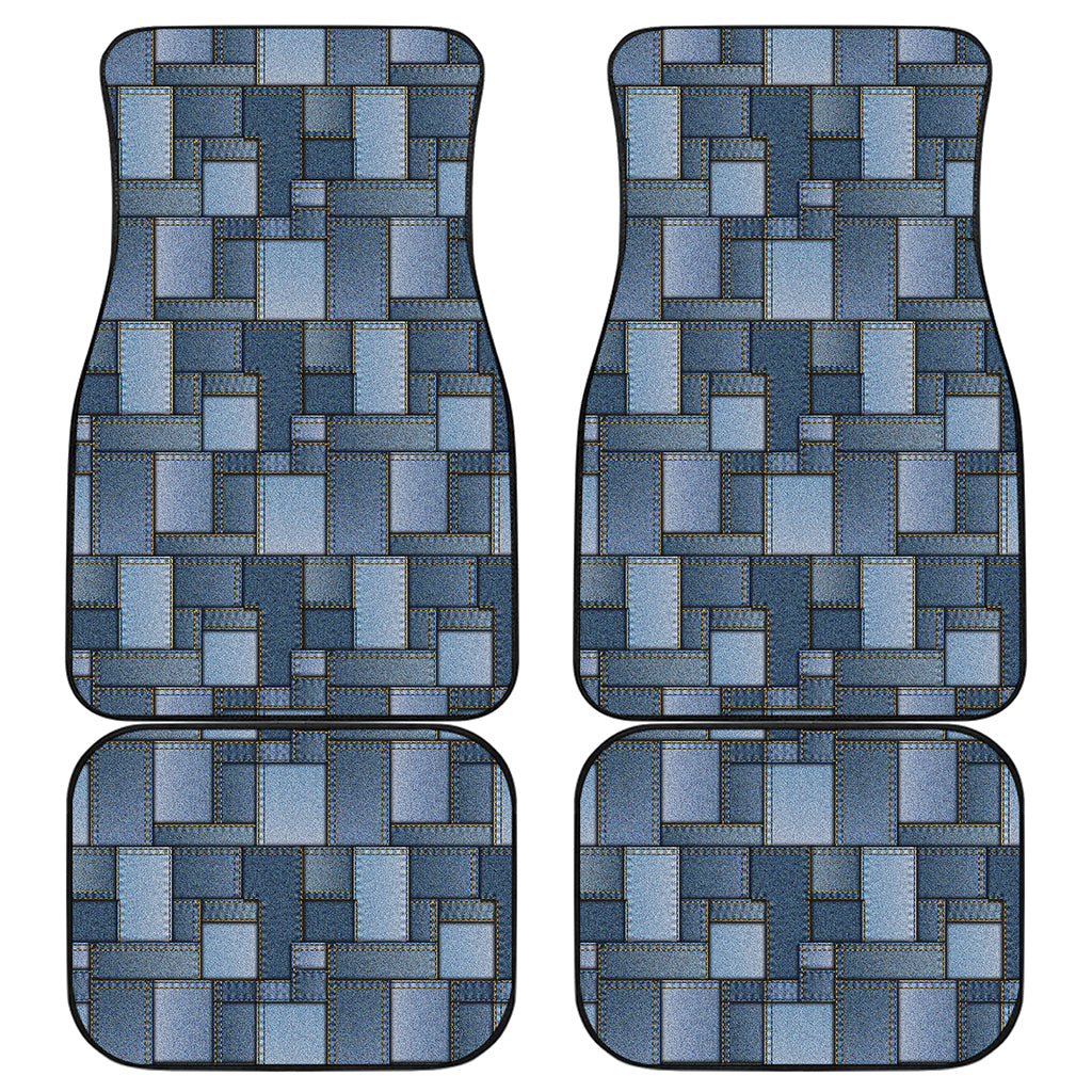 Blue Denim Patchwork Pattern Print Front and Back Car Floor Mats