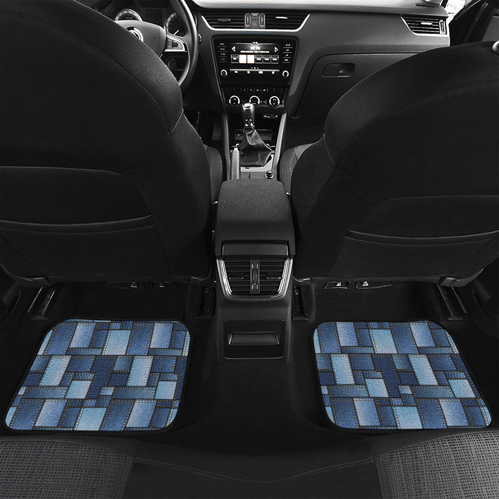 Blue Denim Patchwork Pattern Print Front and Back Car Floor Mats